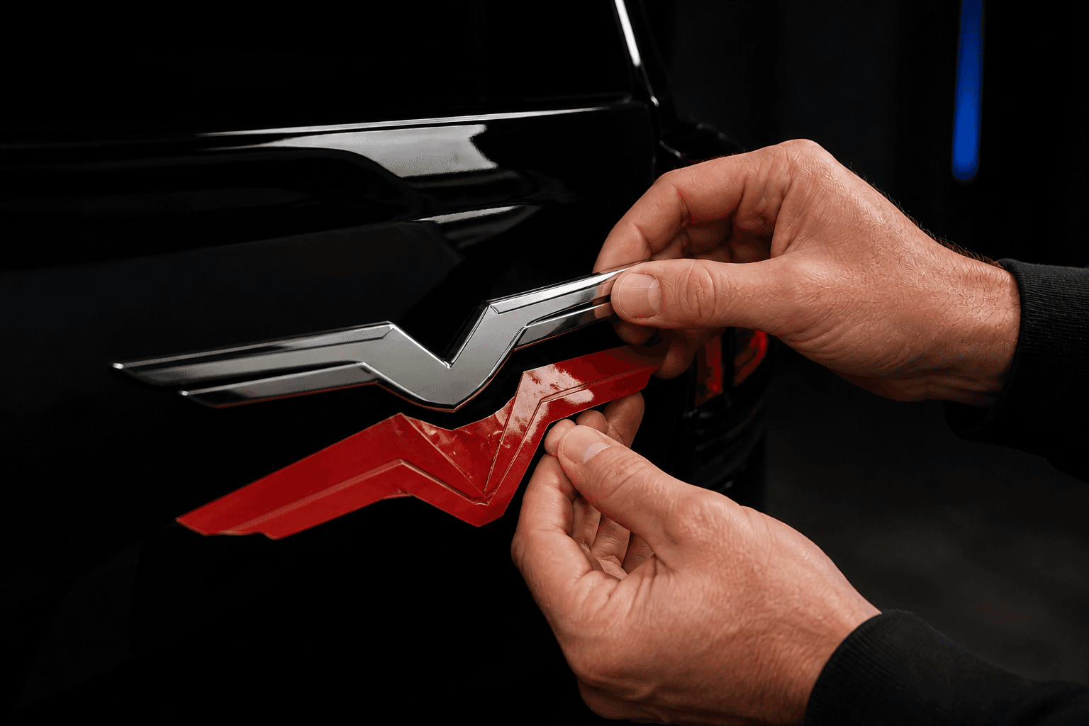 Professional installing an abstract chrome automotive emblem with laser-cut adhesive
