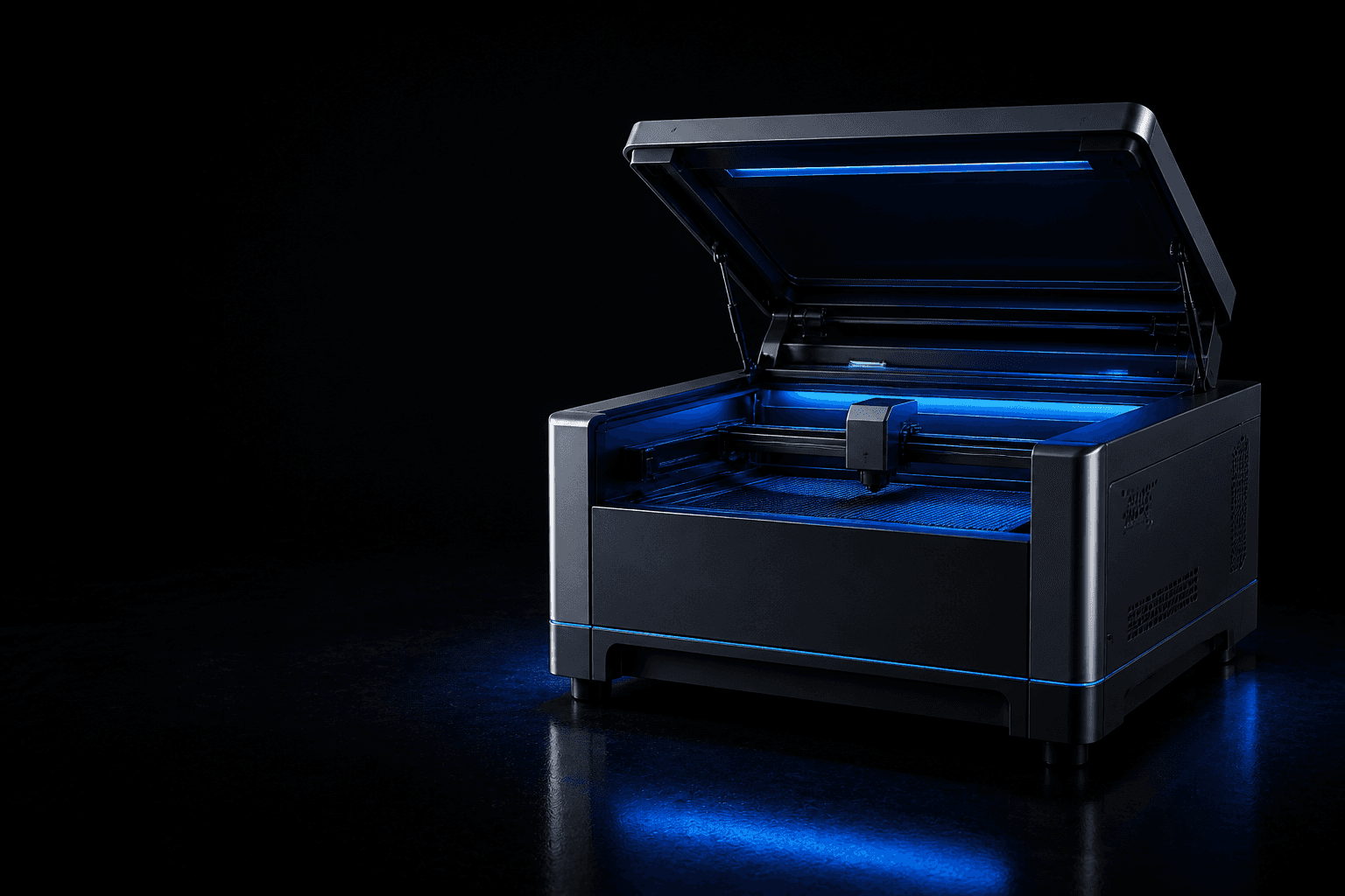 Conceptual desktop laser cutting system with an open lid